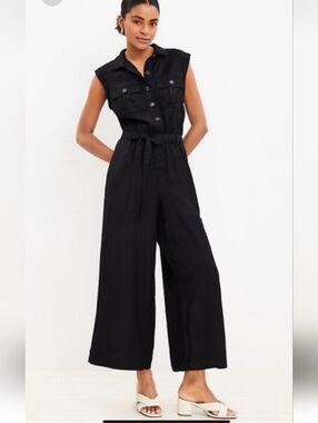 LOFT Sleeveless Black Wide-Leg Jumpsuit with Waist Tie